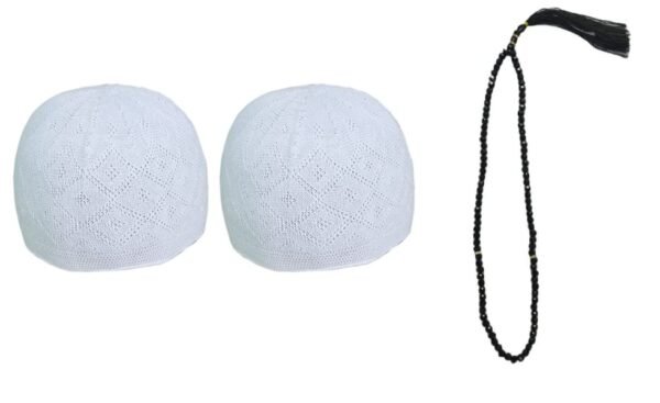 Muslims Bazaar Prayer Cap/Topi for Men Turkish Stylish Knitting Cap Set of 2 and Crystal Tasbeeh/Prayer Beads Manual Counter for Muslim (Color- Black) Combo Pack