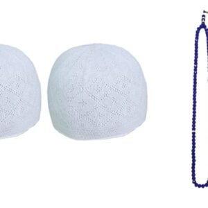 Muslims Bazaar Muslim Prayer Cap/Topi for Men Turkish Stylish Knitting Cap Set of 2 and Crystal Tasbeeh/Prayer Beads Manual Counter for Muslim (Color- Blue) Combo Pack