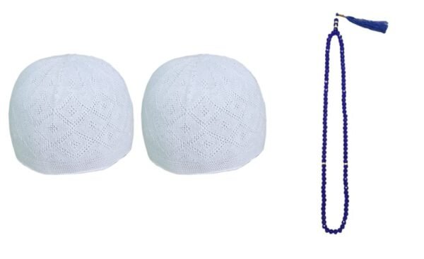 Muslims Bazaar Muslim Prayer Cap/Topi for Men Turkish Stylish Knitting Cap Set of 2 and Crystal Tasbeeh/Prayer Beads Manual Counter for Muslim (Color- Blue) Combo Pack