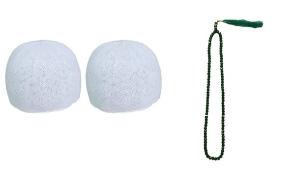 Muslims Bazaar Muslim Prayer Cap/Topi for Men Turkish Stylish Knitting Cap Set of 2 and Crystal Tasbeeh/Prayer Beads Manual Counter for Muslim (Color- Green) Combo Pack