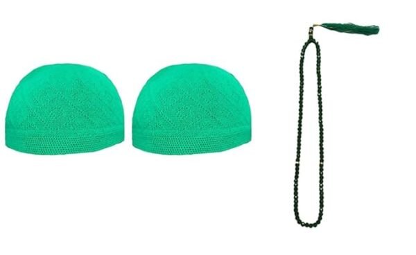 Muslims Bazaar Prayer Cap/Topi for Men Turkish Stylish Knitting Cap Set of 2 Green and Crystal Tasbeeh/Prayer Beads Manual Counter for Muslim (Color- Green) Combo Pack